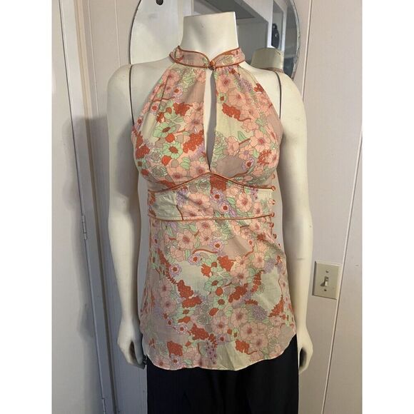 How & Wen Womens Small Top Pastel Floral Halter 100% Cotton Side Button NWT - Picture 1 of 7